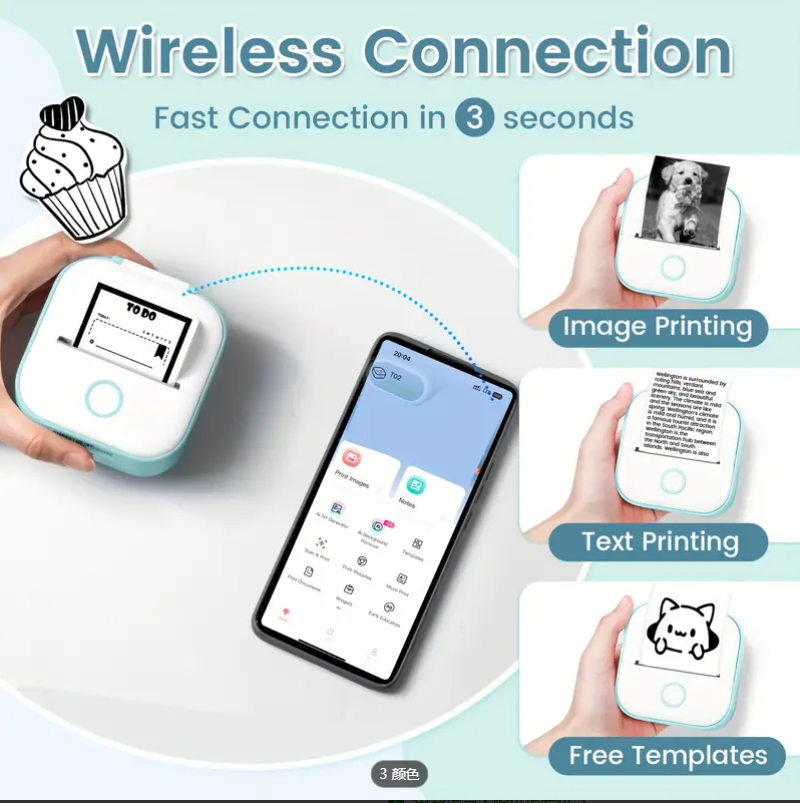 T02 Mini Thermal Printer Wireless Mini Pocket Printer, Adhesive Sticker Printer for DIY, Journal, Student Birthday Gift