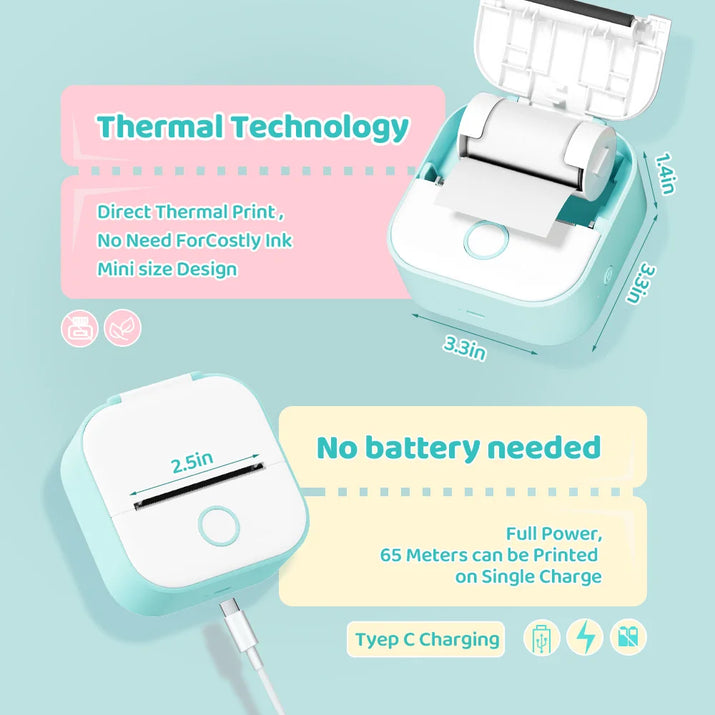 T02 Mini Thermal Printer Wireless Mini Pocket Printer, Adhesive Sticker Printer for DIY, Journal, Student Birthday Gift