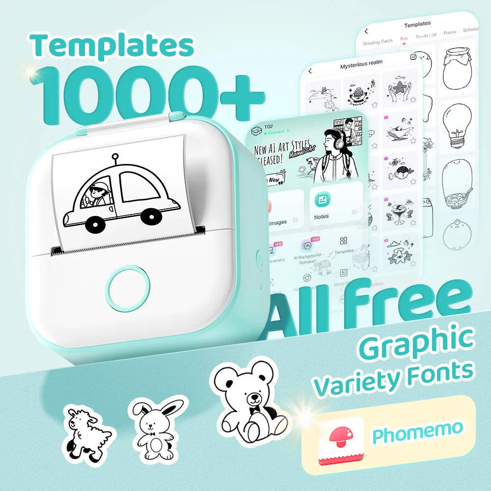 T02 Mini Thermal Printer Wireless Mini Pocket Printer, Adhesive Sticker Printer for DIY, Journal, Student Birthday Gift