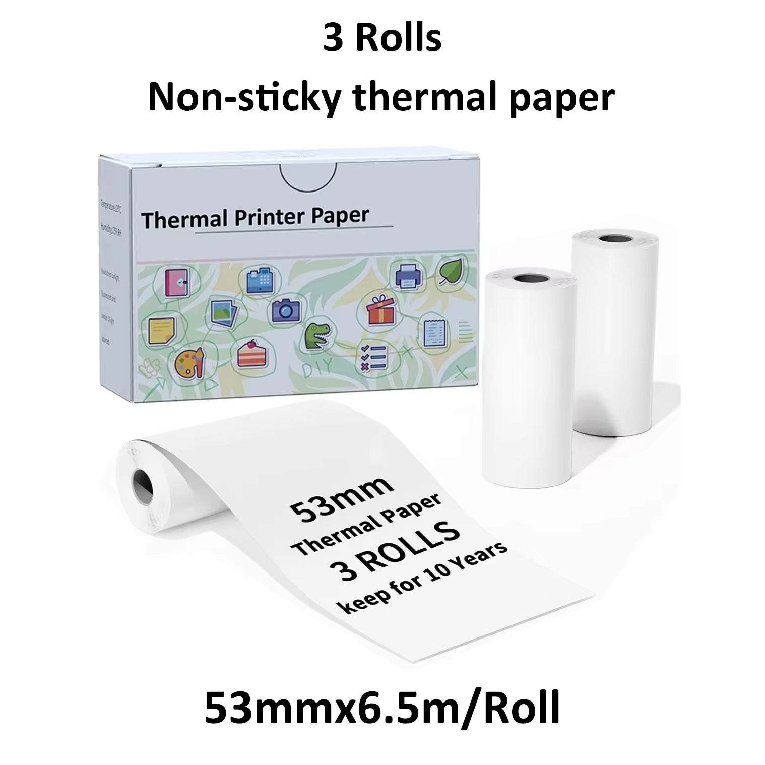 53Mm White Thermal Paper Self-Adhesive Sticker for Mini Thermal Pocket Printers 3-Rolls for Note Text Journal Photo DIY Creation